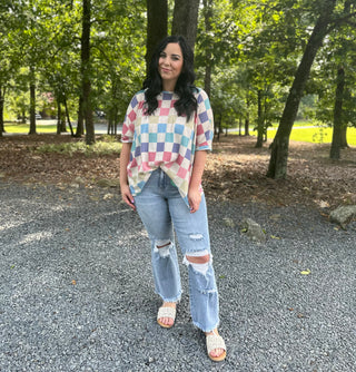 Transitional Multi-Colored Checkered Oversized Top