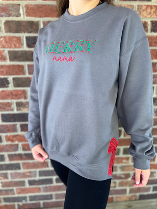 Merry Name Floral Embroidered Bow Crewneck