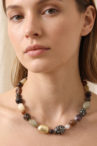 Leopard Print / Marble Resin & Matte Gold Pebble Necklace: Natural