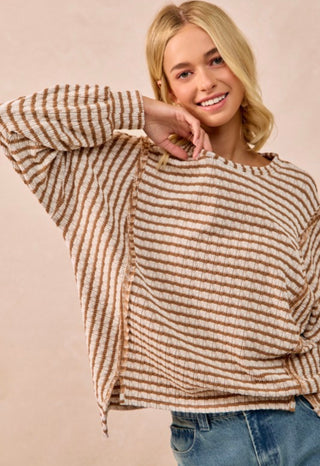 Camel Textured Stripe Knit Top