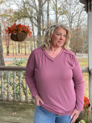 Maroon V-Neck Ribbed Top