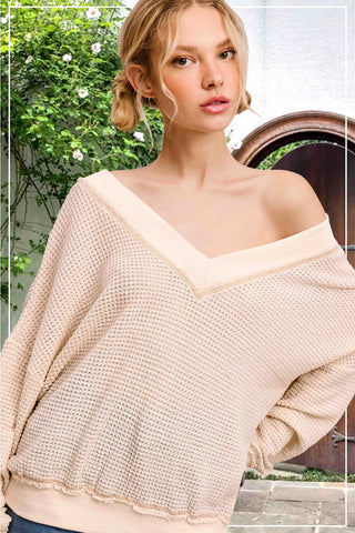 Latte Loose Fit V-Neck Waffle Textured Long Sleeve Top
