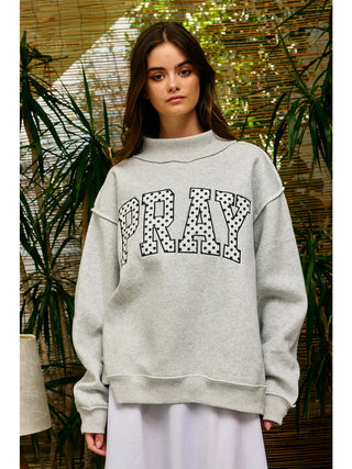 Embroidered "Pray" Mock Neck Sweatshirt
