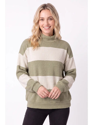 Olive Color Block Striped Mock Neck Sweatshirt