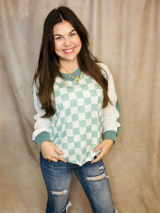 Sage Checkered Print V Neck Pullover