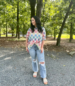 Transitional Multi-Colored Checkered Oversized Top