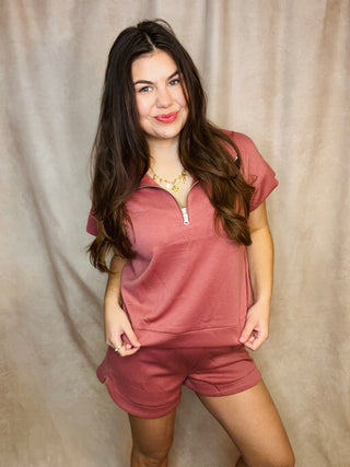 Winter Rose Scuba high neck half zip top & dolphin shorts set