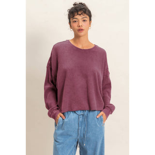 Mineral Wash Waffle Open Back Top: DARK CHERRY