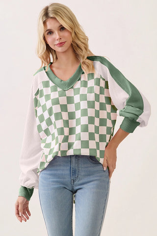 Sage Checkered Print V Neck Pullover