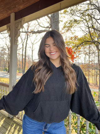 Black Urban Ribbed Pullover Hoodie