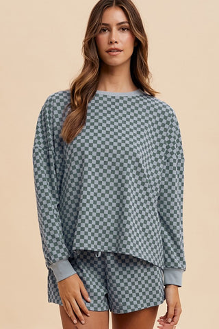 Teal Checkerboard Soft Brushed Knit Pullover & Shorts