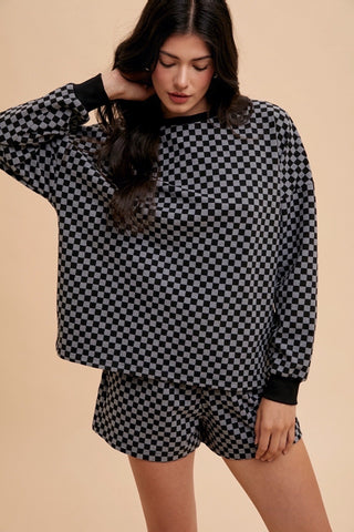Black Checkerboard Soft Brushed Knit Pullover & Shorts