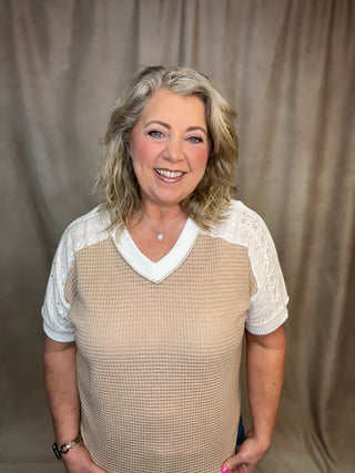 Beige Waffle Knit Lace Detail V Neck Short Sleeve Top