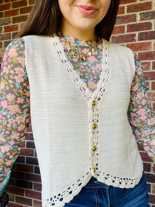 Oatmeal Crochet Button Down Vest
