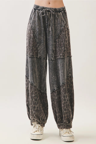 Black Mineral Washed Cheetah Leopard Balloon Lounge Pants
