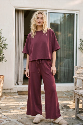 Burgundy Brushed Stretch Boxy Top & Wide Leg Pant Set