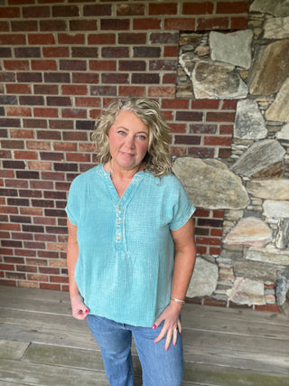 Blue Gauze Henley Top
