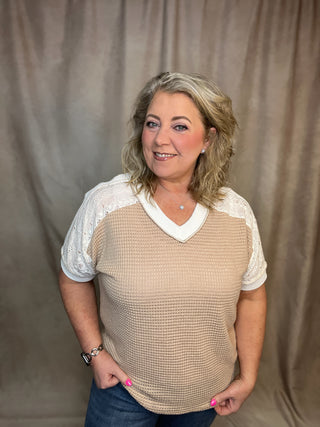Beige Waffle Knit Lace Detail V Neck Short Sleeve Top