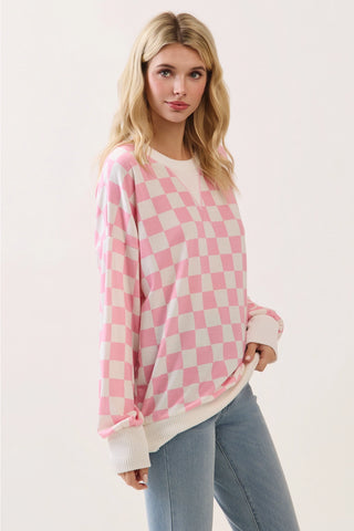 Pink Checkered Print Drop Shoulder Pullover Top