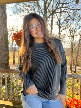 Black Washed side slit oversized sweater