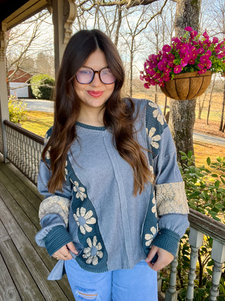 Slate Blue Heavy Waffle Knit Lace Flower Sweatshirt Top