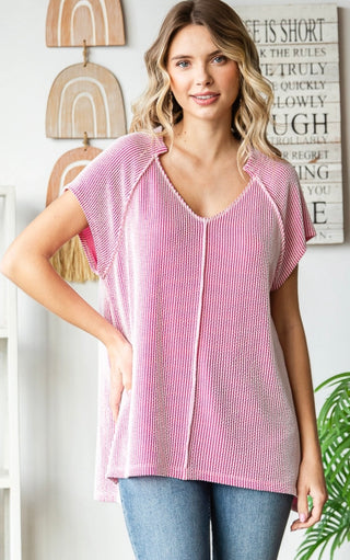 Pink Ribbed V Neck Top