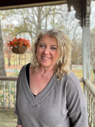 Charcoal Loose Fit V-Neck Waffle Textured Long Sleeve Top