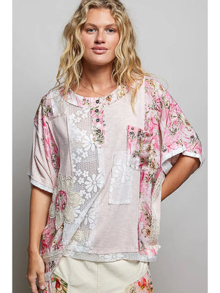 Unique Patchwork Lace Floral Knit Short Sleeve Top