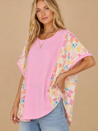 Floral Checkered Mixed-Media Top