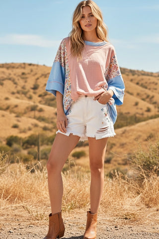 Pink Washed Floral Patchwork Oversized Contrast Tee