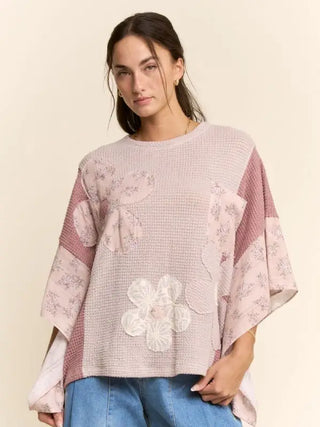 Floral Applique Patchwork Waffle Knit Top