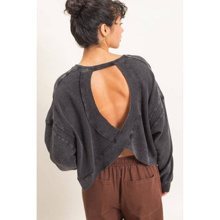 Mineral Wash Waffle Open Back Top: BLACK