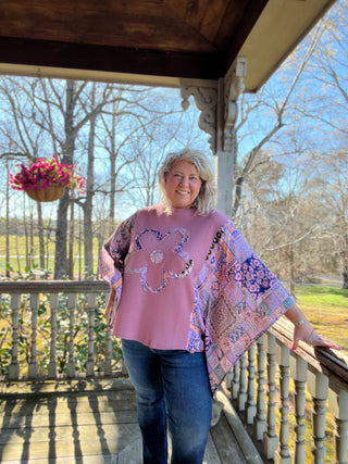 Boho Patchwork Knit Top with Flower