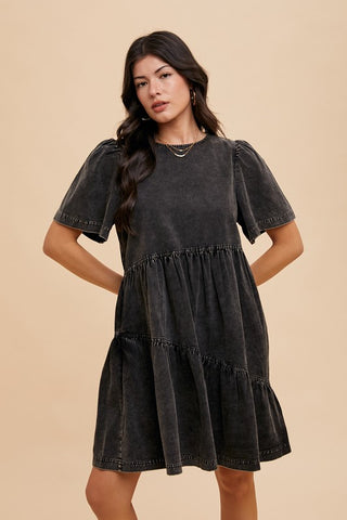 Annie Wear Mineral Washed Round Neck Short Sleeve Denim Dress