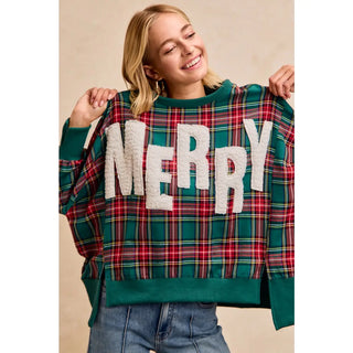 Green Merry Letter Patches Christmas Plaid Sweatshirt
