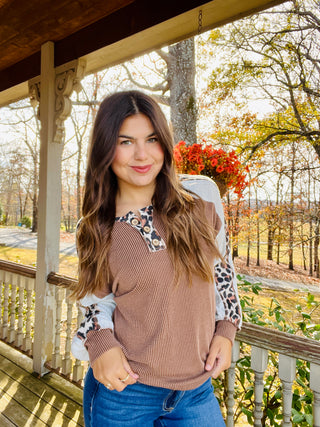 Rib Knit Leopard and Lace Detail Pullover Top