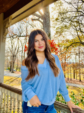 Denim Loose Fit V-Neck Waffle Textured Long Sleeve Top