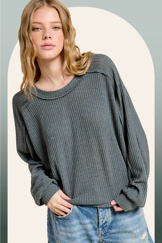 Teal Brushed Waffle Fabric Loose Fit Long Sleeve Top