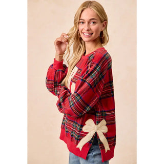 Merry Side Bow Patches Christmas Plaid Sweatshirt