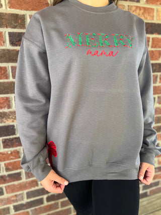 Merry Name Floral Embroidered Bow Crewneck