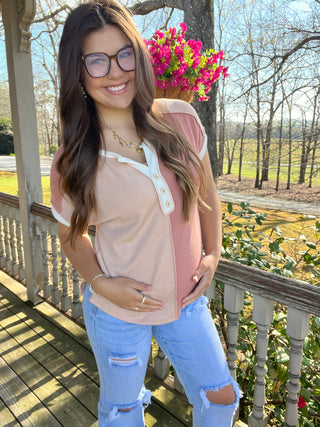Peach Ribbed Color Block Button Front Hi Low Short Sleeve Top