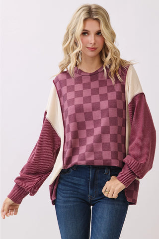 Burgundy Checkered Print Long Sleeve Pullover Top