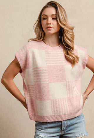 Blush Checker Striped Sleeveless Sweater