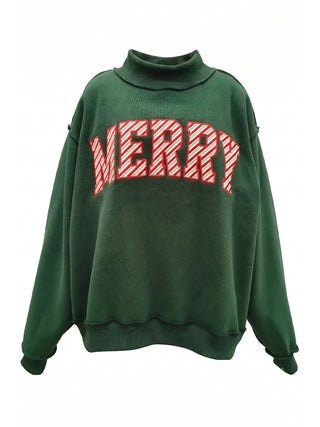Merry Embroidered Mock Neck Sweatshirt