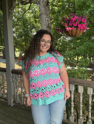 Mint Alternating Floral Crochet Knit Drop Shoulder Top