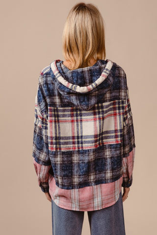 BiBi Drawstring Plaid Drop Shoulder Hoodie