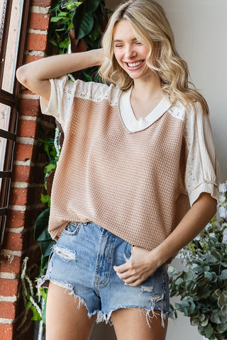 Beige Waffle Knit Lace Detail V Neck Short Sleeve Top