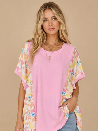 Floral Checkered Mixed-Media Top