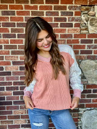 Peach Lace Contrast Multi Fabric V Neck Top