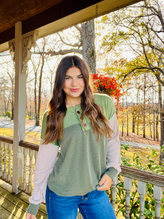 Olive Color Block Front Top